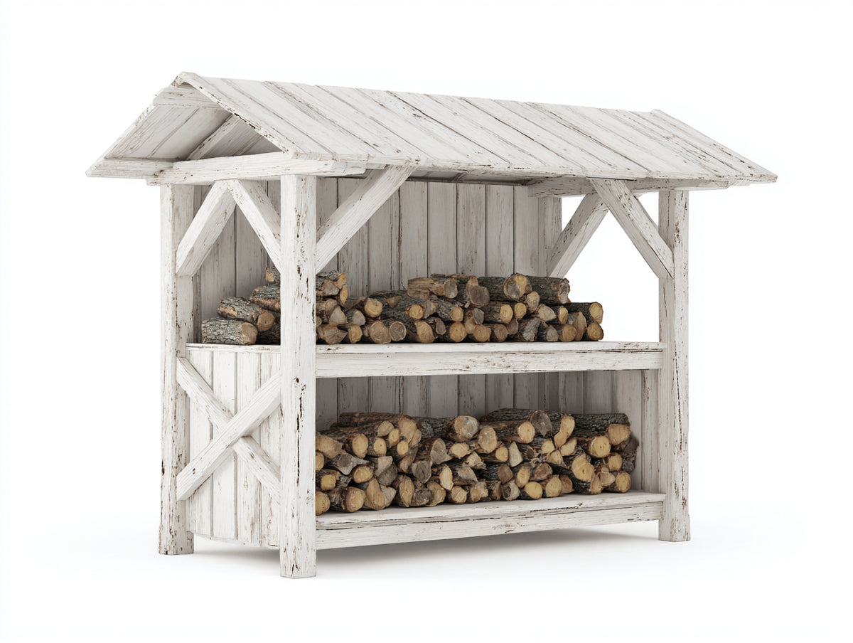 Kaminholzregal Holz 150x40x150 cm - Weiß - rustikales Design mit Dach