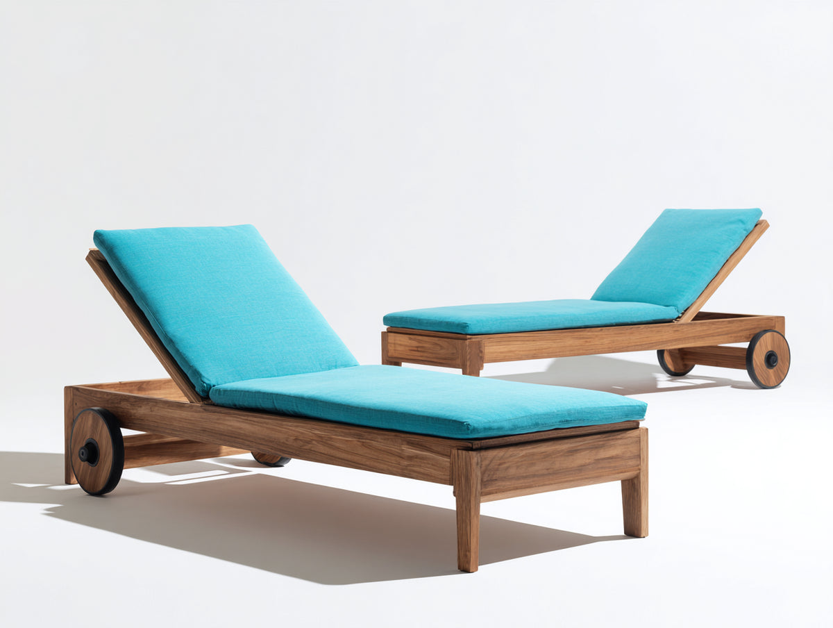 Sonnenliegen Set Holz 200x70x85 cm - Braun-Türkis - 2er Set verstellbare Gartenliegen mit Polsterauflage und Rollen